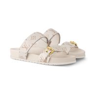 Louis Vuitton Bom Dia Flat Comfort Slides Women Patent Monogram Canvas 1ACHYI Beige