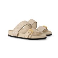 Louis Vuitton Bom Dia Flat Comfort Slides Women Perforated Grained Calf Leather 1ACKIR Beige