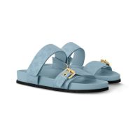 Louis Vuitton Bom Dia Flat Comfort Slides Women Perforated Grained Calf Leather 1ACKJ7 Blue