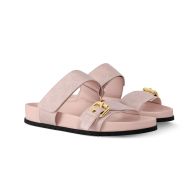 Louis Vuitton Bom Dia Flat Comfort Slides Women Perforated Grained Calf Leather 1ACKJN Pink