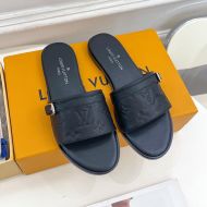 Louis Vuitton Neo Revival Flat Slides Women Monogram Embossed Calf Leather Black