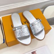 Louis Vuitton Neo Revival Flat Slides Women Monogram Embossed Calf Leather Silver